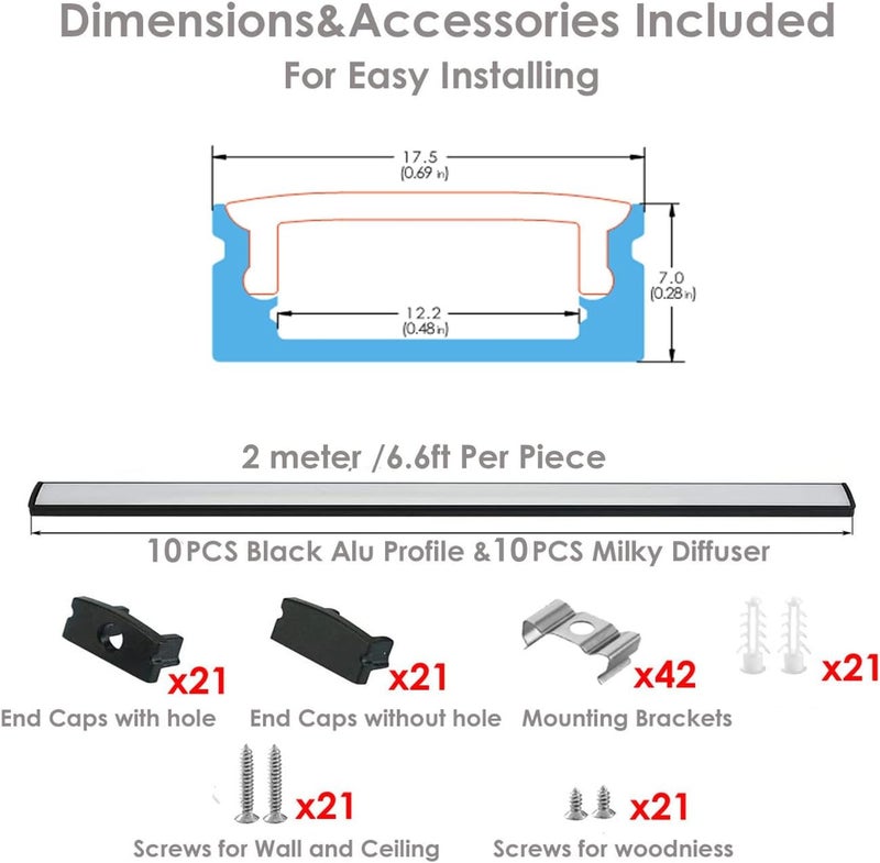Besseto 10Pack 6.6Ft/2M Black LED Aluminum Channel,LED Strip Light Diffuser Aluminum Channel Profile Housing Extrusion for Under Cabinet Counter and Stairs (Black-10Pack 6.6ft) - Image 2